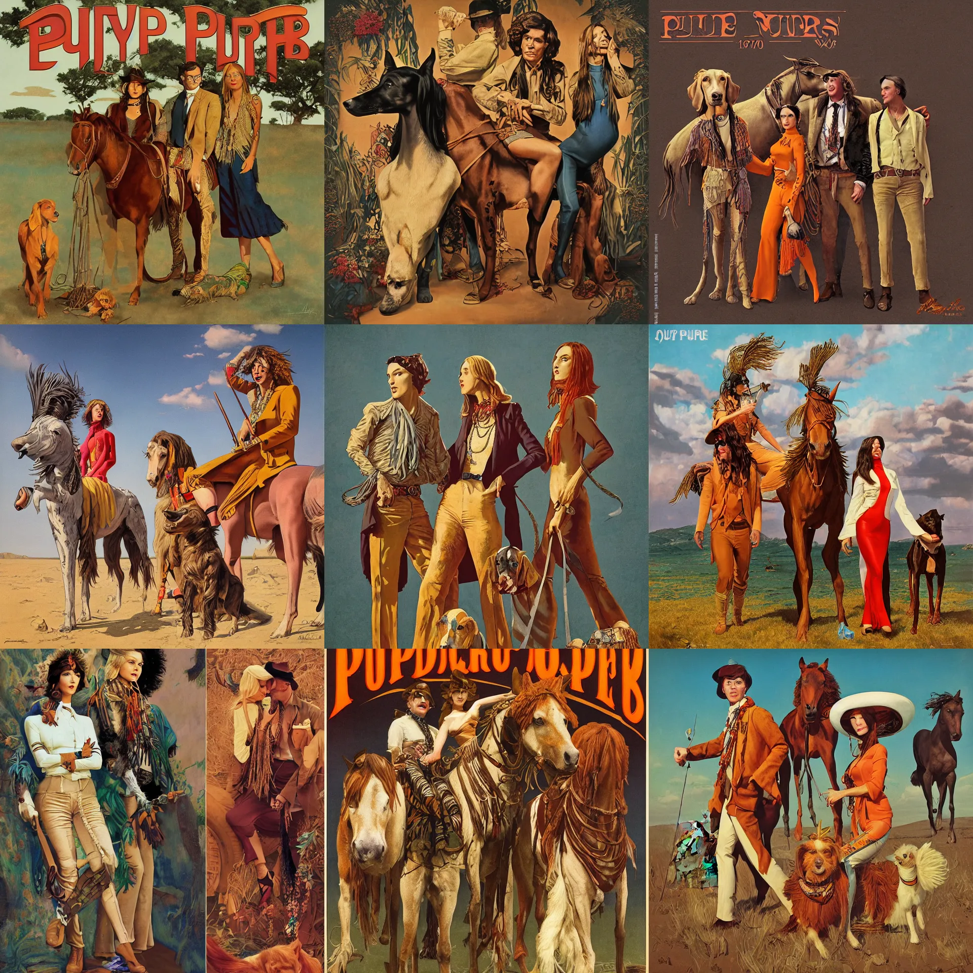 Image similar to pulp art, artwork by Joseph Leyendecker and Robert McGinnis and Alfred Henry Maurer, 3d octane blender render, Hippie and boho fashion 1970s, horses, dogs, birds, progressive rock album cover