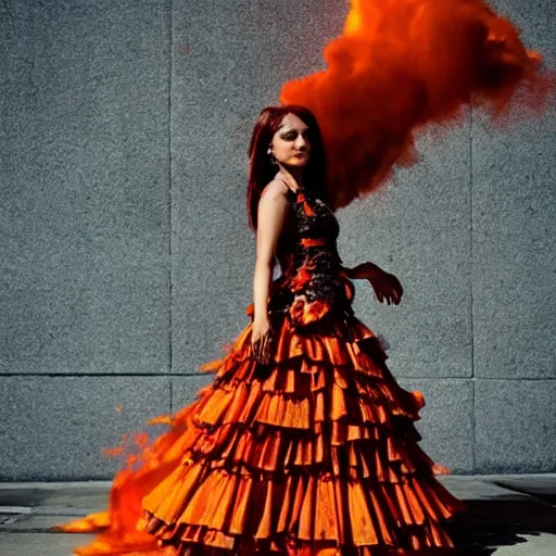 Image similar to “ a full - body fashion photograph of a hispanic fashionista wearing dresses made out of fire, high quality, high definition, ultra hq, highly detailed ”