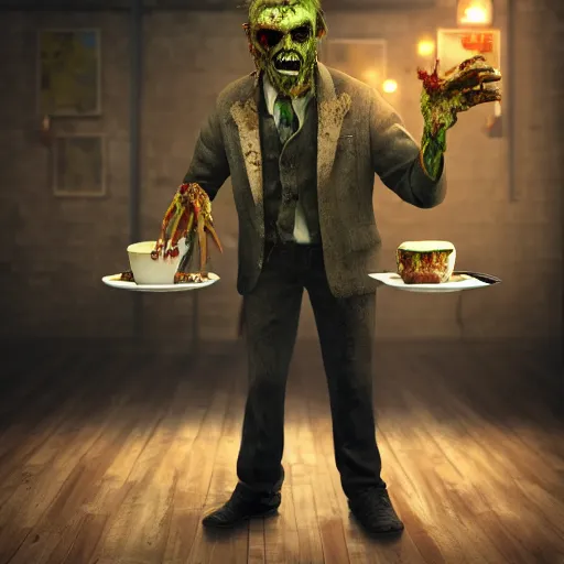 Prompt: waiter angry zombie, detailled realistic portrait with detailed body, restaurant interior, feeling of grimdark horror, daytime, high contrast, ultra intricate detailed, octane render, unreal engine, style of a dusk falls