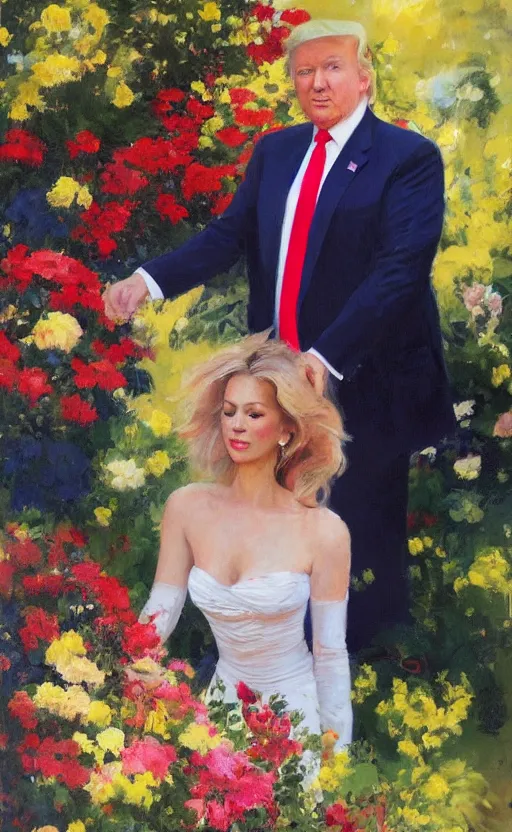 Image similar to romantic portrait of donald trump in an elegant dress surrounded by beautiful flowers, by gregory manchess, james gurney, james jean