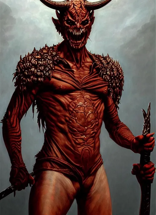 Prompt: devil man intricate skin pattern texture, savage, full body, head to toe, holding a sword, hyper realistic, extremely detailed, dnd character art portrait, dark fantasy art, intricate fantasy painting, dramatic lighting, vivid colors, deviant art, artstation, by edgar maxence and caravaggio and michael whelan and delacroix.