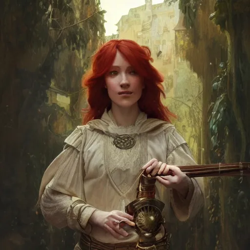 Image similar to portrait of a redhead human bard in a medieval tabern, joyful, fantasy, highly detailed, digital painting, artstation, concept art, character art, art by greg rutkowski and tyler jacobson and alphonse mucha