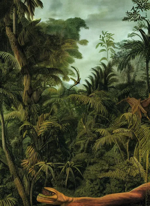 Image similar to a vintage dinosaur in a tropical forest, john james audubon, intaglio 8 k resolution