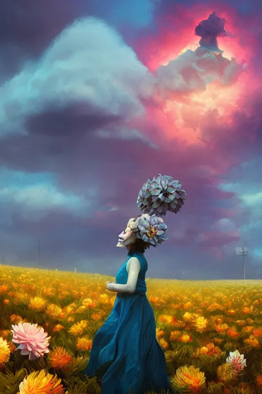 Image similar to closeup girl with giant dahlia flower as head, standing on mountain, surreal photography, blue storm clouds, dramatic light, impressionist painting, digital painting, artstation, simon stalenhag