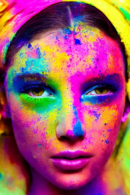 Image similar to An instax film still of a girl covered in holi powder featured in Vogue and GQ editorial fashion photography, beautiful eye, symmetry face, haute couture dressed by Givenchy and Salvatore Ferragamo