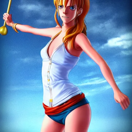 Prompt: A full body portrait of emma watson as Nami from one piece holding a trident in one hand, 3d, trending artstation