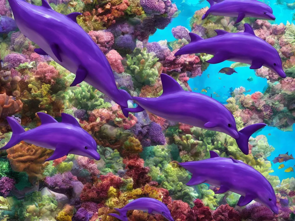 Image similar to a family of purple dolphins in a colorful coral reef, photorealistic, insane engine, high definition, 3d render, trending on artstation,