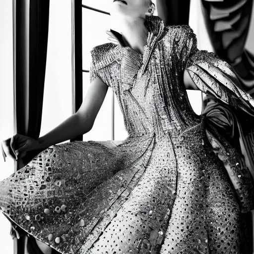 Prompt: upshot of a fashion model, luxury dress, editorial of dior magazine, highly detailed