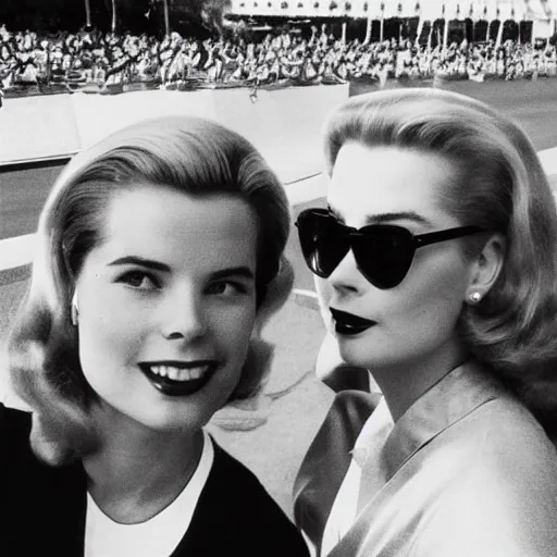 Image similar to selfie smartphone photo of a young Grace Kelly at the Monaco Gran Prix, F1 cars blurred in background, iphone photo, smartphone resolution, trending on instagram, influencer photography