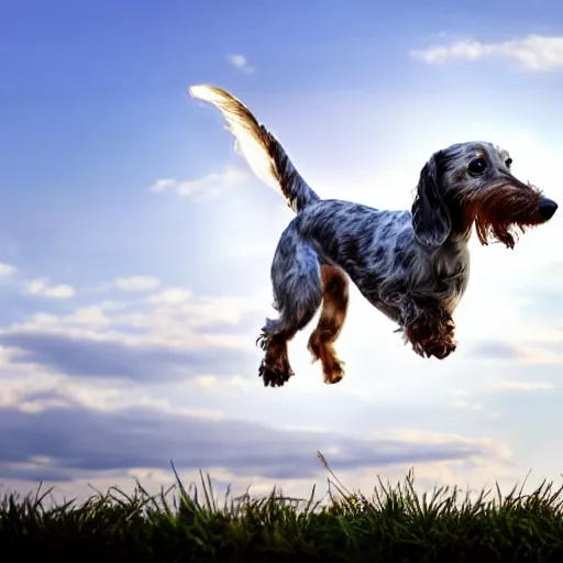 Image similar to elderly light gray wire-haired dachshund with long hair, jumping in the air, floating in heaven, flying through blue sky, white clouds