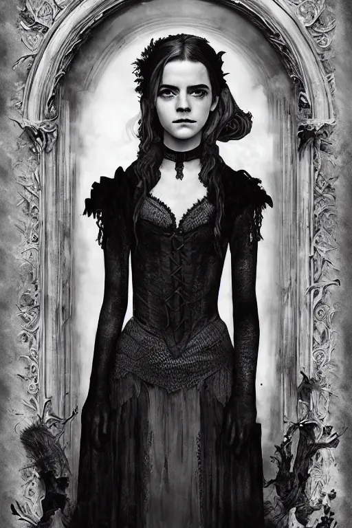 Image similar to a mix of of emma watson, anya taylor - joy and emma stone, evil sorceress witch, victorian manor house, hyperrealism, octane render, extremely detailed, intricate smoke magic, lace, style of mark ryden, earl nore, hyung tae, frank frazetta