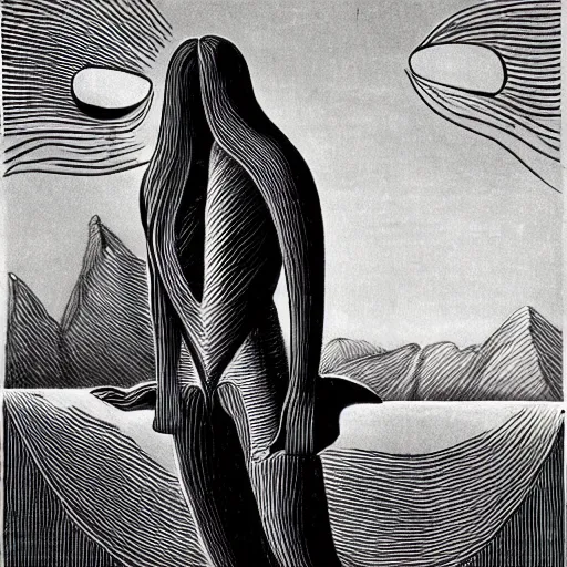 Prompt: A beautiful computer art of a human-like creature with long, stringy hair. The figure has no eyes, only a mouth with long, sharp teeth. The creature is standing on a cliff overlooking a dark, foreboding sea. by Alexander Archipenko composed, imposing