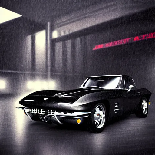 Prompt: a black 1 9 6 3 corvette coupe, rainy cyberpunk background, digital painting, photorealistic, maximalist, depth of field, cinematic lighting, sharp focus