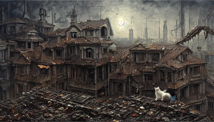 Prompt: cat walking on the roof, rotting, blood, night, death, fear, horror, religion, hyperrealism, detailed and intricate environment, by giger, by greg rutkowski