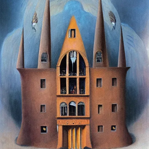 Prompt: an original painting by remedios varo, a building surrounded by angels