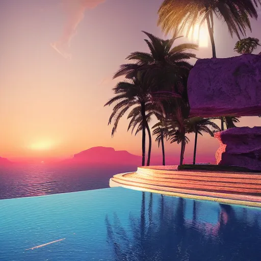 Image similar to Beeple masterpiece, sunset, hyperrealistic surrealism, award winning masterpiece with incredible details, epic stunning, infinity pool, a surreal liminal space, highly detailed, trending on ArtStation, calming, meditative, pink arches, palm trees, surreal, sharp details, dreamscape, giant gold head statue ruins, crystal clear water, sunrise