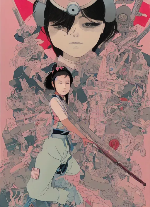 Prompt: Artwork by James Jean, Phil noto and hiyao Miyazaki ; (1) a young Japanese future samurai police lady named Yoshimi battles an (1) enormous evil natured carnivorous pink robot on the streets of Tokyo; Japanese shops and neon signage; crowds of people running; Art work by hiyao Miyazaki, Phil noto and James Jean