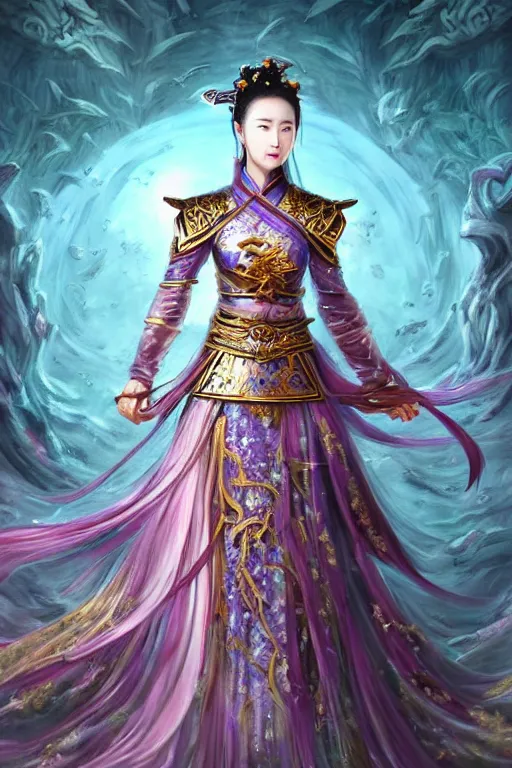 Prompt: beautiful ancient fantasy portrait of wuxia armored heroine Liu Yifei, Zhao Lu Si wearing like Xian Xia wardrobe, in forbidden City, hybrid from Dynasty Warriror, flowers sea rainning everywhere, intricate, very very beautiful, elegant, highly detailed, digital painting, beautiful glowing galaxy eyes, artstation, fantasy concept art, smooth, sharp focus, illustration, art by WLOP and alphonse mucha and tian zi