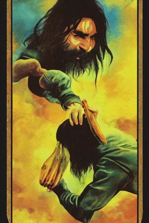 Prompt: magic the gathering card depicting charles manson slipping on a banana peel