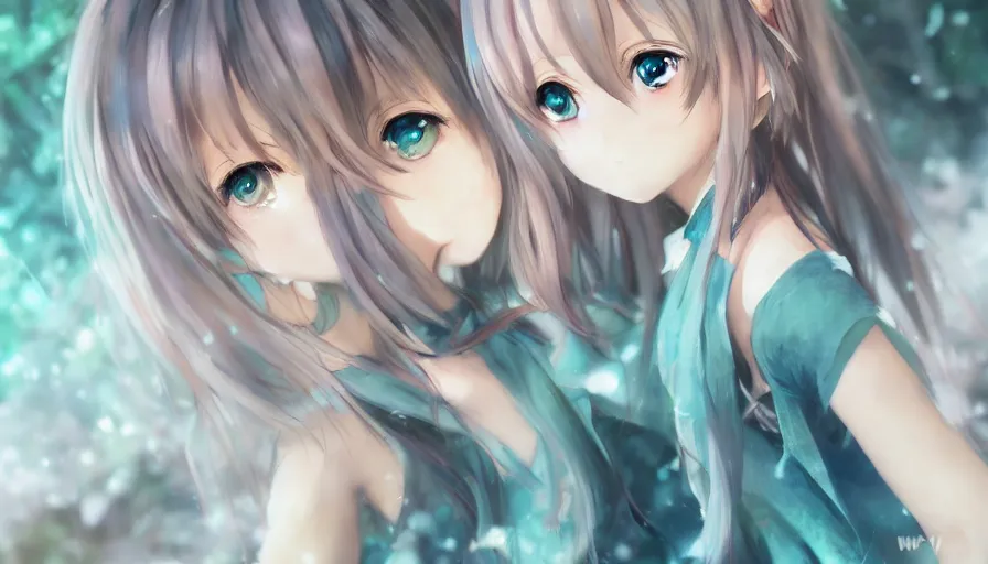 Image similar to cute anime girl by wlop, detailed eyes, heterochromia, bright eyes, full body shot, happy expression, short minidress, light clothing, light rain, hyper real, detailed digital art, hatsune miku, photorealistic