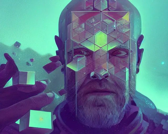 Image similar to portrait of wizard with ion stone cubes orbiting head, intricate abstract. intricate artwork, by tooth wu, wlop, beeple, dan mumford. concept art, octane render, trending on artstation, greg rutkowski very coherent symmetrical artwork. cinematic, key art, hyper realism, high detail, octane render, 8 k, iridescent accents