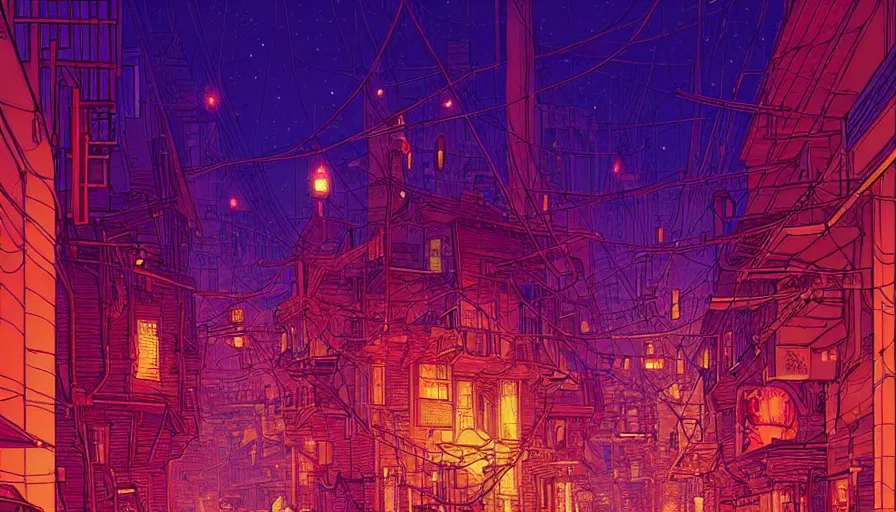 Image similar to an alley of a utopian city at night by moebius and kilian eng, atmospheric, fine details, vivid, neon, masterpiece