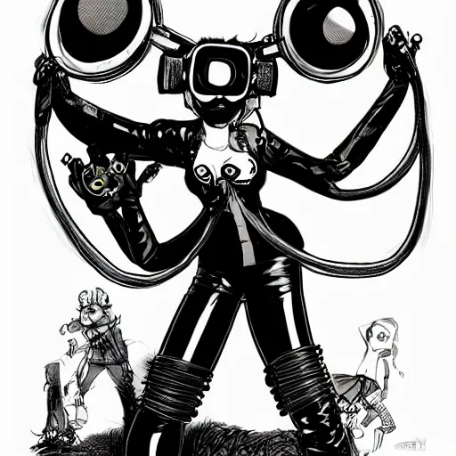 Prompt: a cybergoth woman wearing goggles and eccentric jewelry by jamie hewlett : : full body character concept art, detailed,