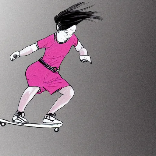 Image similar to lady skateboarding, high detail, illustration by uijung kim