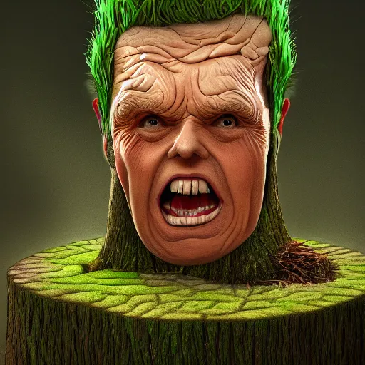 Image similar to donald trump is fused into a tree stump, hyperdetailed, artstation, cgsociety, 8 k