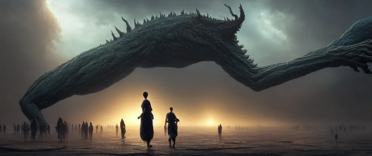 Image similar to people running terrified of the giant monster in the background, high detail, 8k, ornate, dark fantasy, realistic, masterpiece, Trending on art station, complex, WLOP, film still from the movie directed by Denis Villeneuve with art direction by Alex Grey, Greg Rutkowski