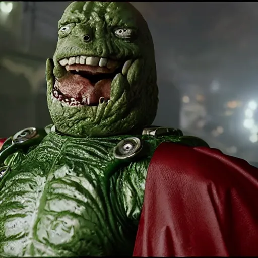 Image similar to pickle rick as superman! in gears of war, splash art, movie still, detailed face, photorealistic facial features, cinematic lighting, dramatic, octane render, long lens, shallow depth of field, bokeh, anamorphic lens flare, 8 k, hyper detailed, 3 5 mm film grain