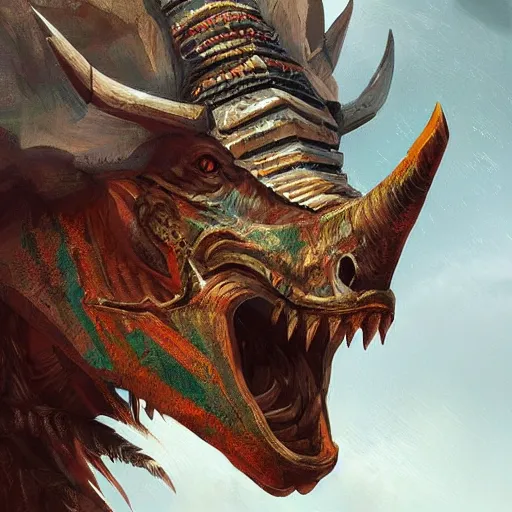 Image similar to triceratops with aztec headdress, greg rutkowski, digital illustration, concept art, dnd, face, fantasy, intricate, elegant, highly detailed, digital painting, artstation, full body, long shot, light from above