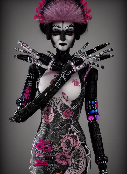 Image similar to full body portrait of a gothic style punk geisha robot with kanji tattoos and decals wearing a digital pixelated kimono, intricate design, photo - realistic, octane render, dark colour palette, ultra fine detailed, character design, trending on artstation