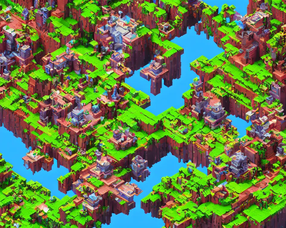 Image similar to the beastlands, isometric, made with voxels, avatar ( 2 0 0 9 ), lush landscape, jungle landscape