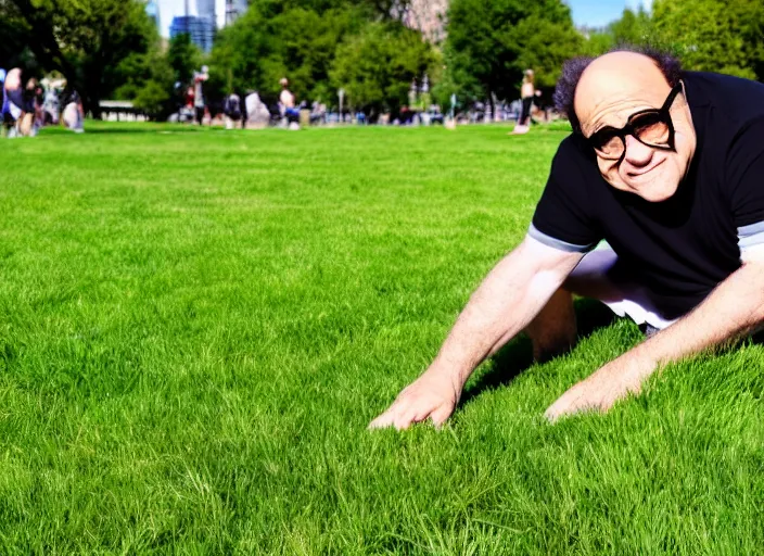 Prompt: photo still of danny devito touching grass, 8 k, sunny day in a park