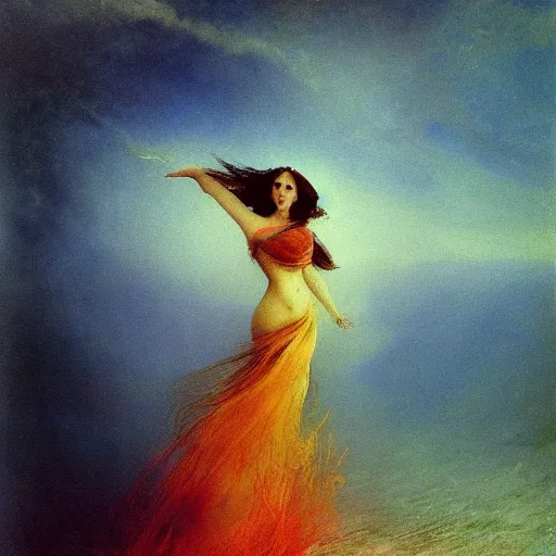 Image similar to woman underwater photography with a long flowing dress, flowing hair, burnt skin, and different colored multi-colored eyes by Ivan Aivazovsky and Odilon Redon, award winning, epic, cosmic, dreamy, underwater