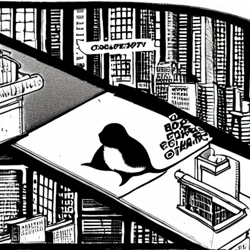 Prompt: baby seal sitting on the edge of a roof looking at the city at night, wide angle, comic book by frank miller