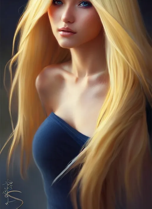 Image similar to a gorgeous female with long blonde hair in the style of stefan kostic, realistic, full body shot, wide angle, sharp focus, 8 k high definition, insanely detailed, intricate, elegant, art by stanley lau and artgerm, floating embers