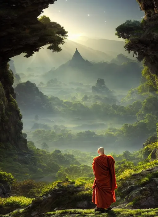 Prompt: a cosmic monk in lord of the rings scenery landscape, looking out at a vast lush valley at sunrise, huge ancient chinese temple in the distance, god's rays, highly detailed, vivid color, cinematic lighting, perfect composition, 8 k, gustave dore, derek zabrocki, greg rutkowski, belsinski, octane render