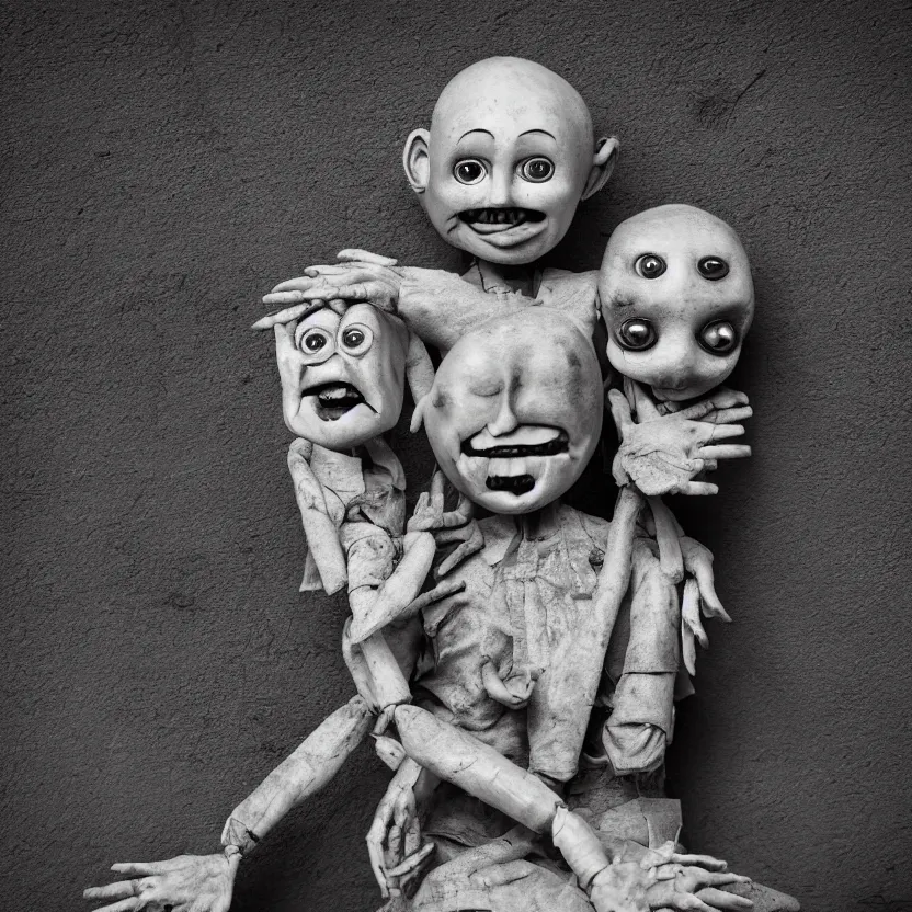 Image similar to creepy ventriloquist dummy in the style of roger ballen, 4 k, bw, portrait