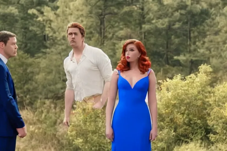 Image similar to full body film still of a man longingly looking at a distant woman in a red dress as a woman in a blue dress looks disgusted at the man in the new romance comedy movie, dramatic angle, dramatic lighting