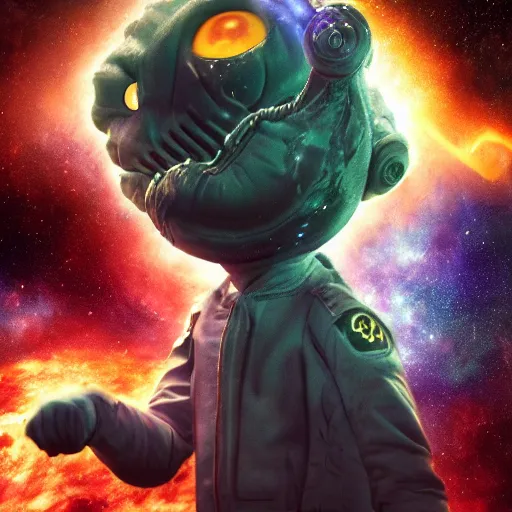 Image similar to one eldritch garfield in space, galaxy, hd, 8 k, explosions, gunfire, lasers, giant, epic, realistic photo, unreal engine, stars, prophecy, powerful, cinematic lighting, destroyed planet, debris, movie poster, violent, sinister, ray tracing, dynamic, print, epic composition, dark, lasagna, horrific