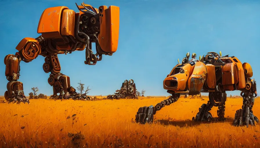 Image similar to an intricate oil painting of a giant south african armored cheetah shaped scrap metal mecha by simon stalenhag, yellow, orange and cyan paint decals