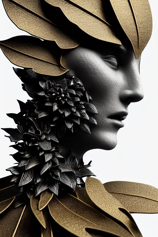 Image similar to close - up profile face, black background, beautiful young porcelain vegetal - dragon - cyborg - female, 1 5 0 mm, beautiful natural soft rim light, silver gold details, magnolia leaves and stems, roots, mandelbot fractal, elegant, hyper real, ultra detailed, white metallic armour, octane render, 1 6 k