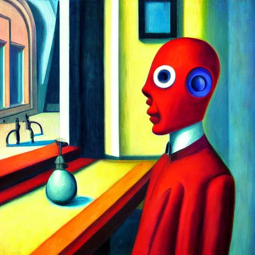 Image similar to judgemental robot butler, dystopian, pj crook, edward hopper, oil on canvas