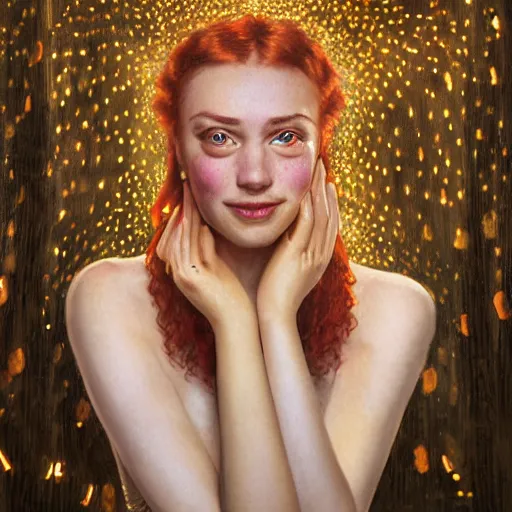 Image similar to a totally amazed smiling anastasia ivanova surrounded by golden firefly lights in a mesmerizing scene, fully covering intricate detailed bohemian outfit, red hair, precise linework, accurate green eyes, small nose with freckles, beautiful smooth oval head, expressive emotions, hyper realistic ultrafine portrait by artemisia gentileschi, jessica rossier, greg rutkowski, artgerm