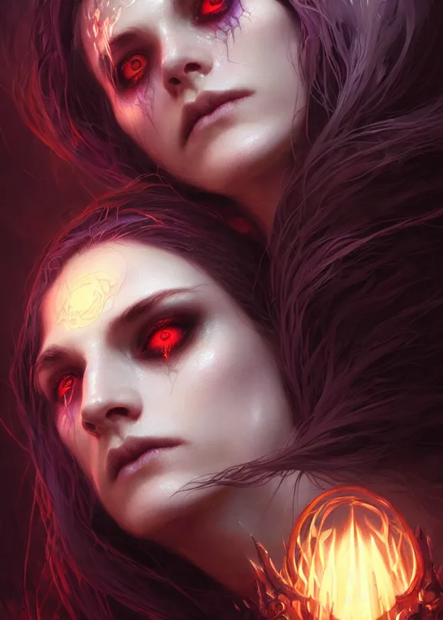 Image similar to Necromancer Sorceress face close-up macro in center, fantasy magic, undercut hairstyle, dark light night, intricate, elegant, sharp focus, illustration, highly detailed, digital painting, concept art, matte, art by WLOP and Artgerm and Greg Rutkowski and Alphonse Mucha, masterpiece