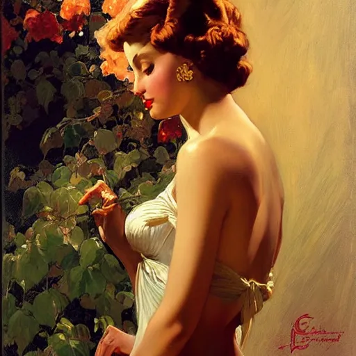 Image similar to portrait of a beautiful woman, intricate, elegant, highly detailed, by gil elvgren, greg manchess, mucha