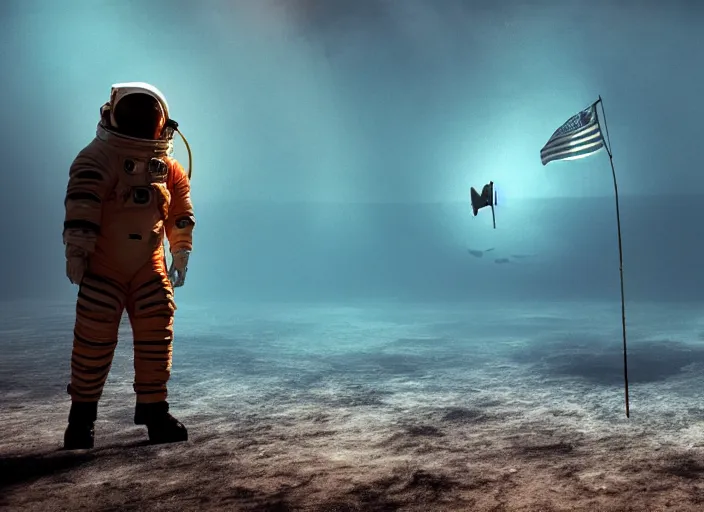 Image similar to astronaut holding a flag in an underwater desert. a submarine is visible in the distance. dark, concept art, cinematic, dramatic, atmospheric, 8 k, trending on artstation, blue, fish, low visibility, fog, ocean floor, christopher nolan, interstellar