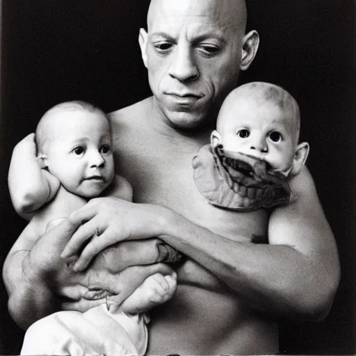 Prompt: Pablo Picasso holding a baby Vin Diesel